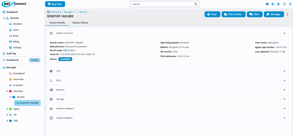 Web Portal showing a select device under the Munich device group. The top section includes system summary information such as Device name, Manufacturer, Device type, Asset ID, Status, Operating system, version, IPv4 address, User name, Agent app version and Last updated timestamp. Tabs for Device details and Device history are shown. Expandable sections include CPU, BIOS, Memory, Storage, Network adapters and Display adapters. Action buttons at the top right include View, File transfer, Chat and Message. 